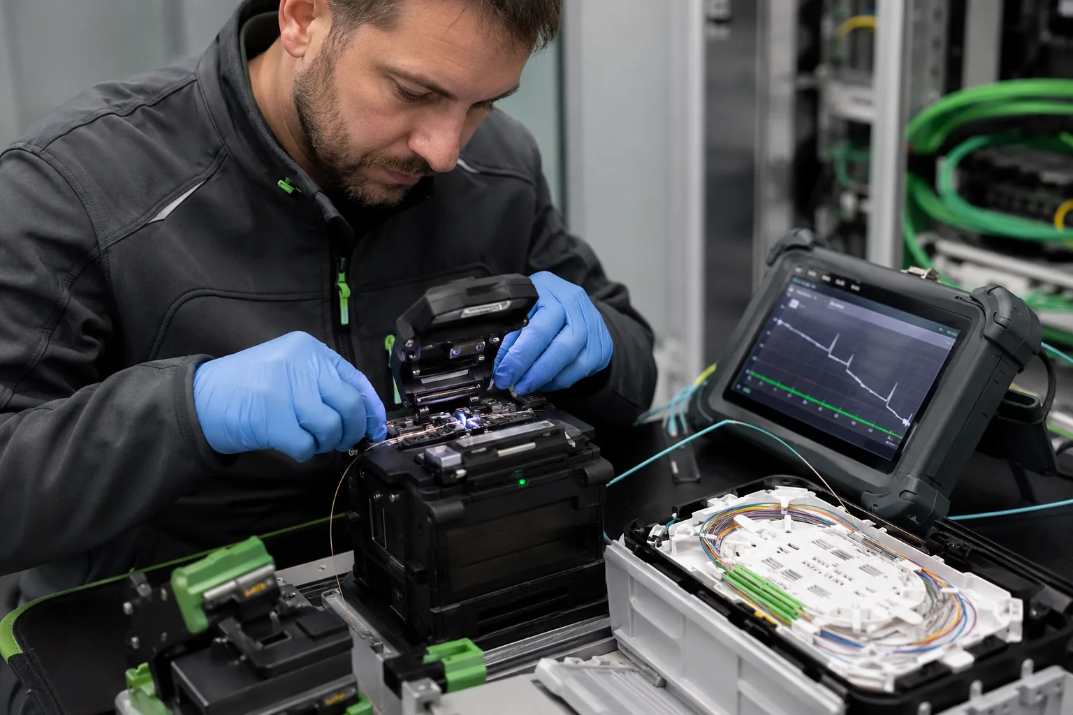 LWL-Spleißer von baconnect beim Fusionsspleißen an einer Glasfaserkassette