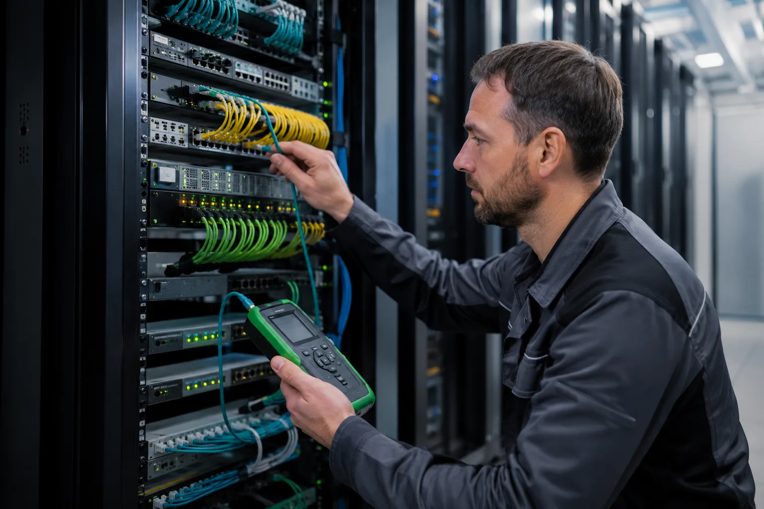 Netzwerktechniker von baconnect patcht strukturierte Verkabelung im Serverraum