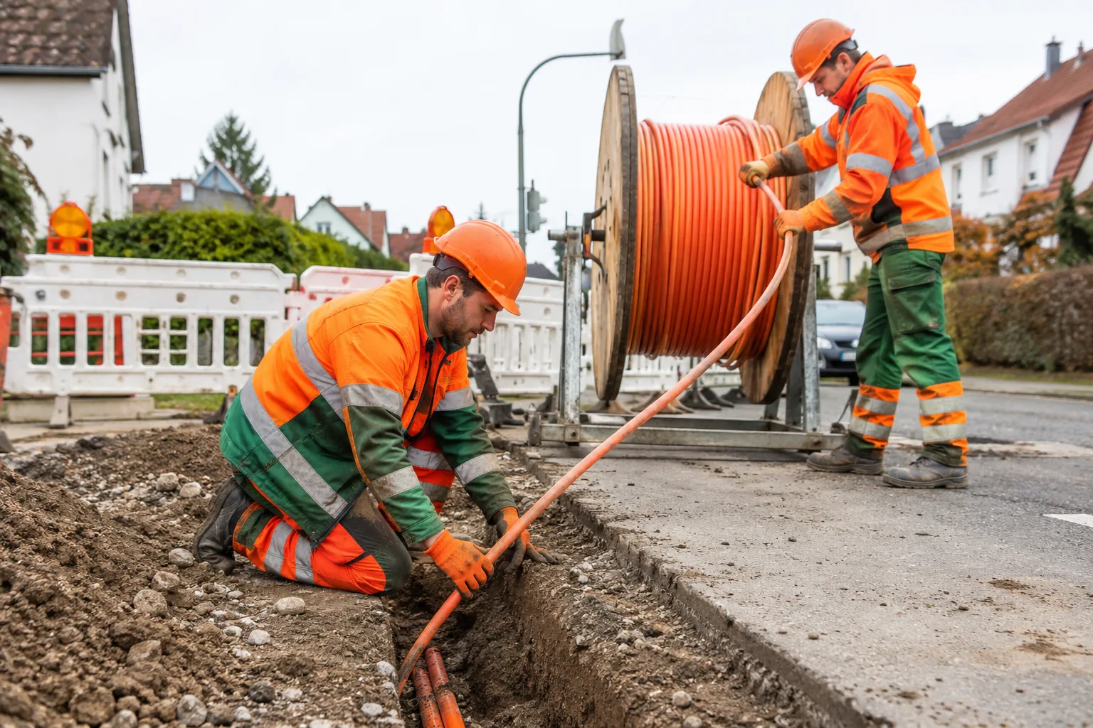 Tiefbauhelfer verlegen Glasfaserkabel im Straßengraben